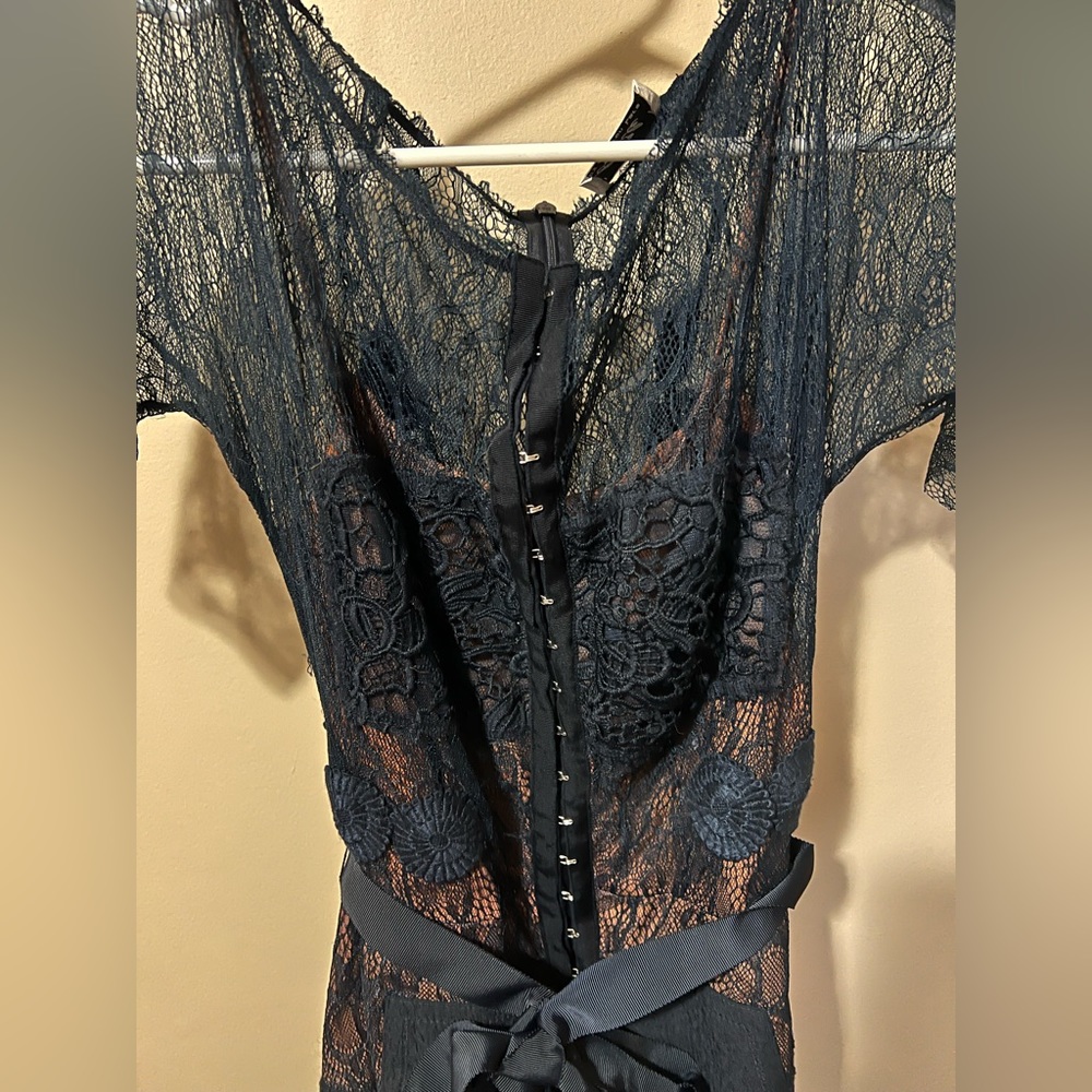 Byron Lars Dress, Size 4. Navy blue lace overlay, nude liner sewn into dress.